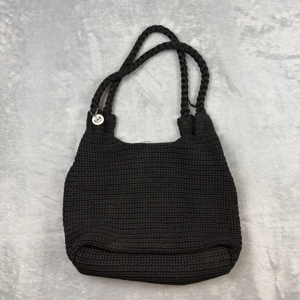 The Sak Original Black Crochet Knit Shoulder Tote Handbag Purse Boho